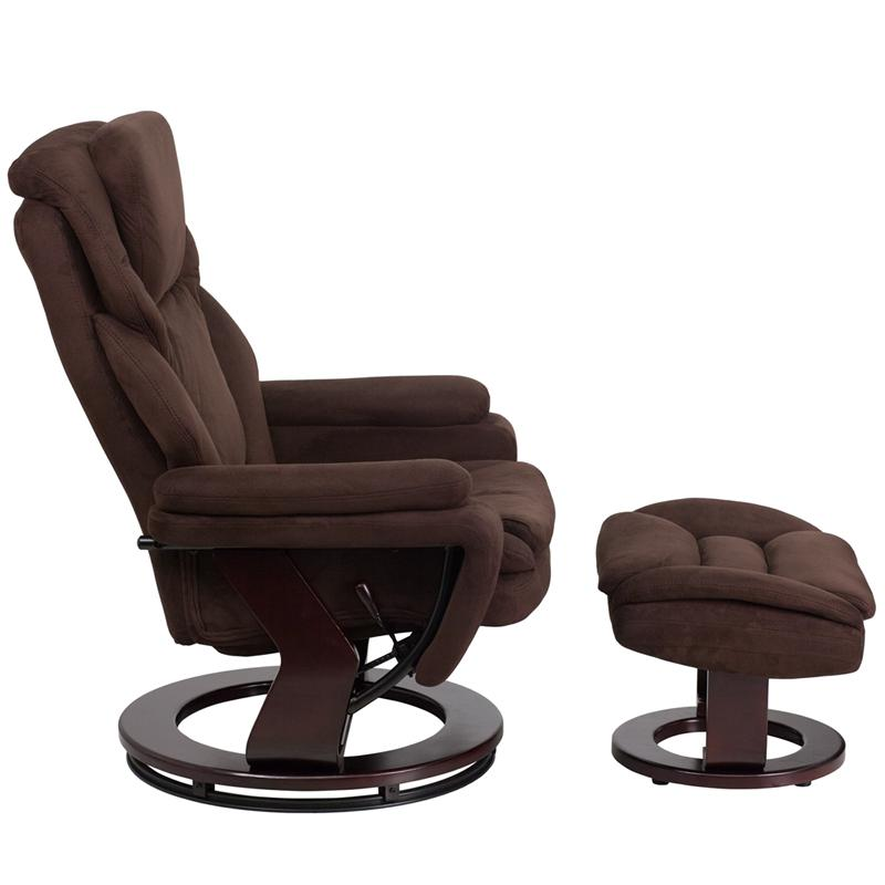 Comfortable Recliner and Ottoman with Swivel Mahogany Wood Base in Brown Microfiber - Ultimate Comfort and Style