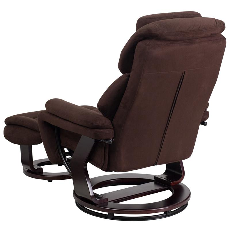 Comfortable Recliner and Ottoman with Swivel Mahogany Wood Base in Brown Microfiber - Ultimate Comfort and Style