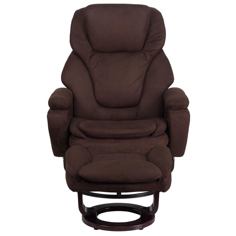 Comfortable Recliner and Ottoman with Swivel Mahogany Wood Base in Brown Microfiber - Ultimate Comfort and Style