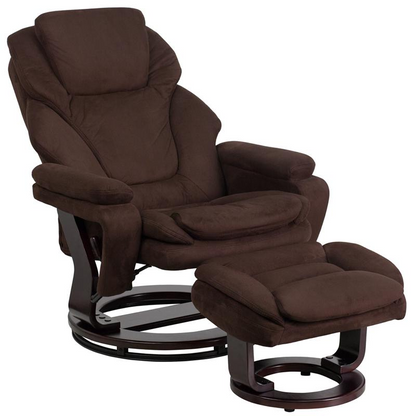 Comfortable Recliner and Ottoman with Swivel Mahogany Wood Base in Brown Microfiber - Ultimate Comfort and Style