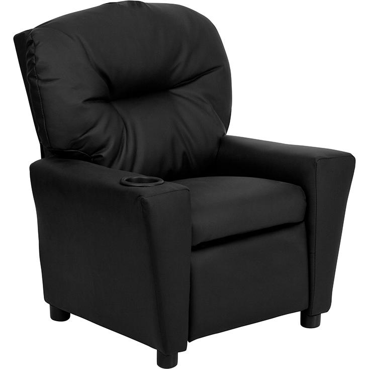 Contemporary Black LeatherSoft Kids Recliner with Cup Holder - Comfort and Style for Your Little Ones