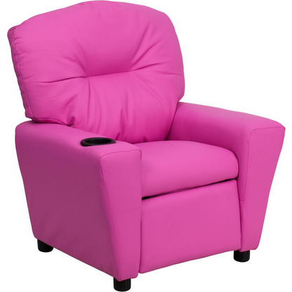 Contemporary Hot Pink Vinyl Kids Recliner with Cup Holder - Cozy Haven for Little Ones