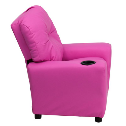 Contemporary Hot Pink Vinyl Kids Recliner with Cup Holder - Cozy Haven for Little Ones