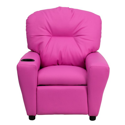 Contemporary Hot Pink Vinyl Kids Recliner with Cup Holder - Cozy Haven for Little Ones