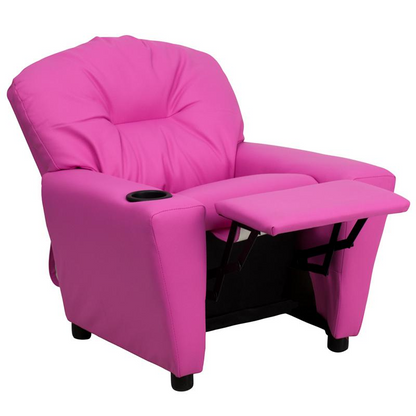 Contemporary Hot Pink Vinyl Kids Recliner with Cup Holder - Cozy Haven for Little Ones