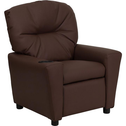 Contemporary Brown Leather Soft Kids Recliner with Cup Holder