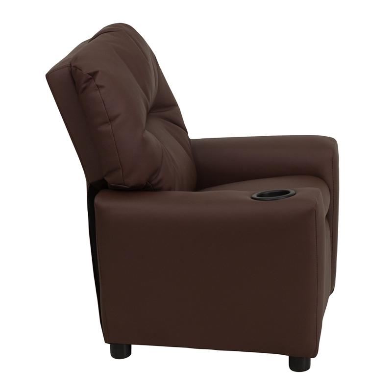 Contemporary Brown Leather Soft Kids Recliner with Cup Holder