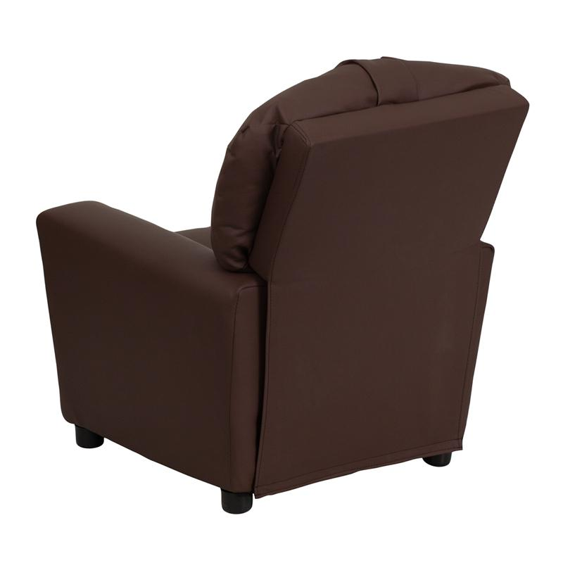 Contemporary Brown Leather Soft Kids Recliner with Cup Holder