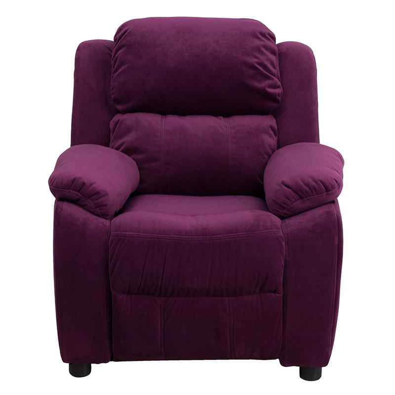 Deluxe Padded Contemporary Purple Microfiber Kids Recliner with Storage Arms