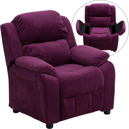 Deluxe Padded Contemporary Purple Microfiber Kids Recliner with Storage Arms