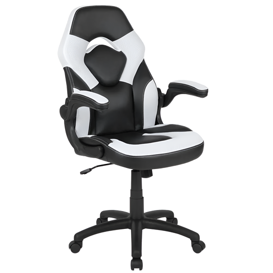 X10 Gaming Chair Racing Office Ergonomic Computer PC Adjustable Swivel Chair with Flip-up Arms - White/Black LeatherSoft