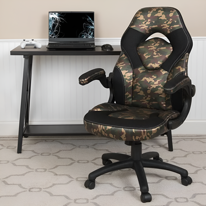 X10 Gaming Chair: Racing, Ergonomic, Flip-up Arms - Camo/Black LeatherSoft