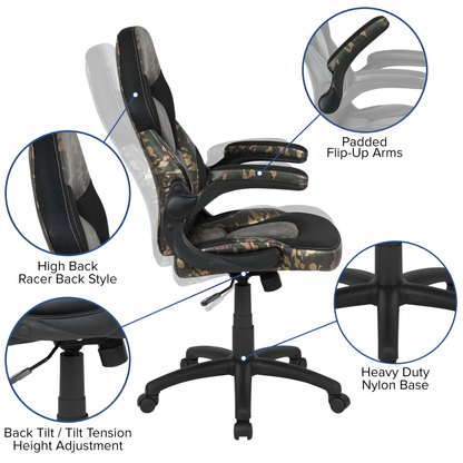 X10 Gaming Chair: Racing, Ergonomic, Flip-up Arms - Camo/Black LeatherSoft