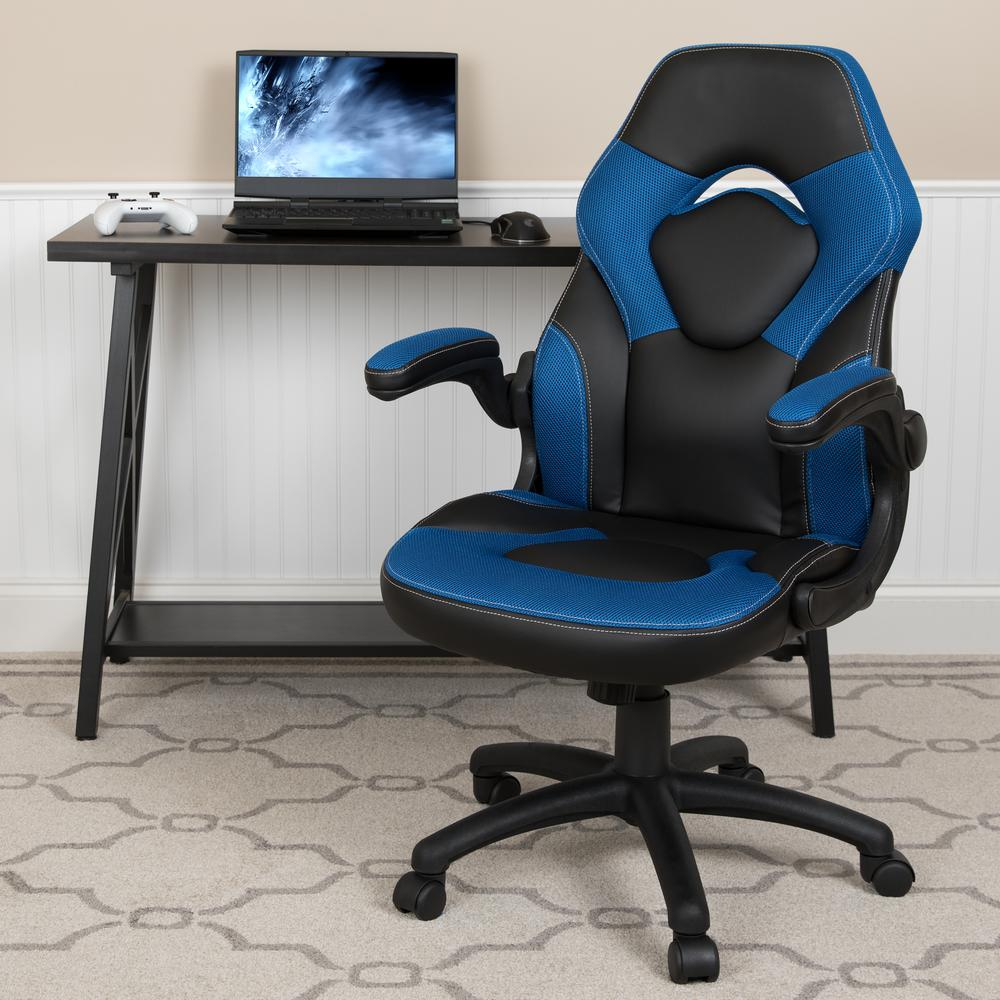 X10 Gaming Chair Racing Office Ergonomic Computer PC Adjustable Swivel Chair with Flip-up Arms, Blue/Black LeatherSoft