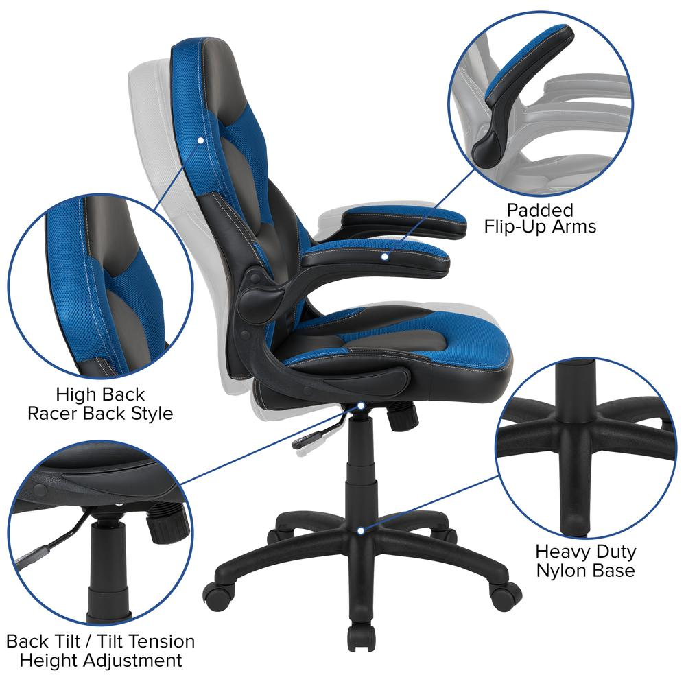 X10 Gaming Chair Racing Office Ergonomic Computer PC Adjustable Swivel Chair with Flip-up Arms, Blue/Black LeatherSoft