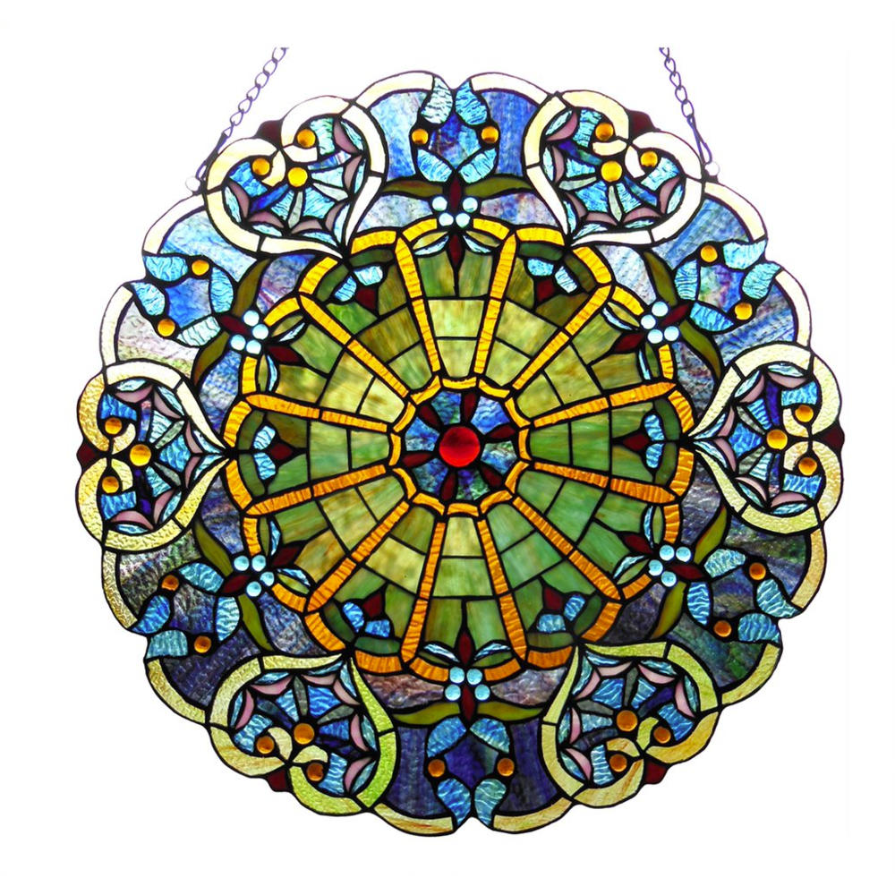 WILLA Tiffany-glass Victorian Window Panel 23" - Handcrafted Stained Glass with Gem-like Cabochons