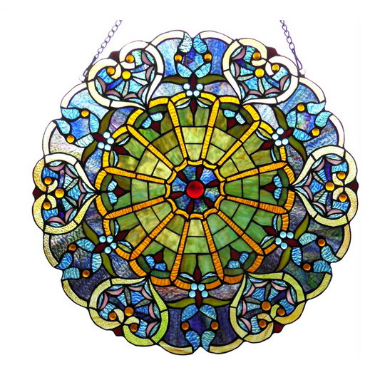 WILLA Tiffany-glass Victorian Window Panel 23" - Handcrafted Stained Glass with Gem-like Cabochons