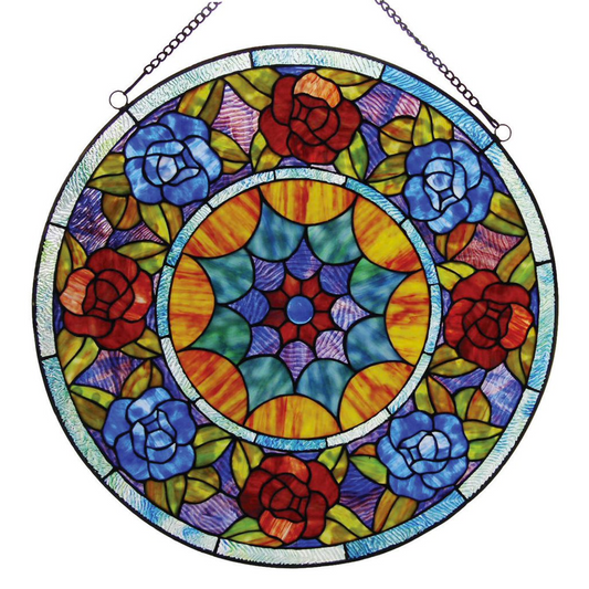 Tiffany-glass Roses Window Panel 22" - Hand-Cut Stained Glass, Classic Floral Design