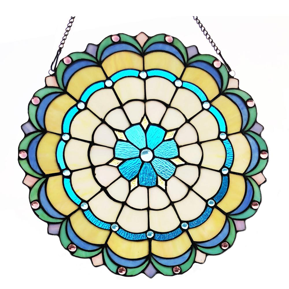 Blue & Yellow Victorian Tiffany-Style Stained Glass Panel