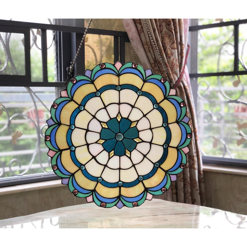 Blue & Yellow Victorian Tiffany-Style Stained Glass Panel