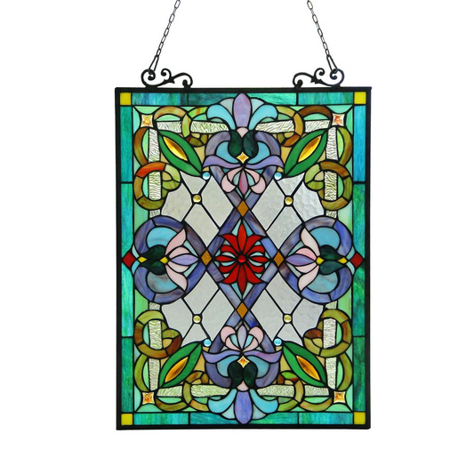 IZZY Tiffany-glass Victorian Window Panel 18x25.5 - Handcrafted Stained Glass with Gem-like Cabochons