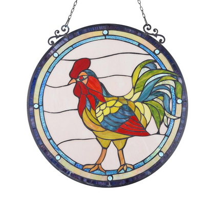 RODNEY Tiffany-glass Rooster Window Panel 24" - Handcrafted Stained Glass for a Charming Touch