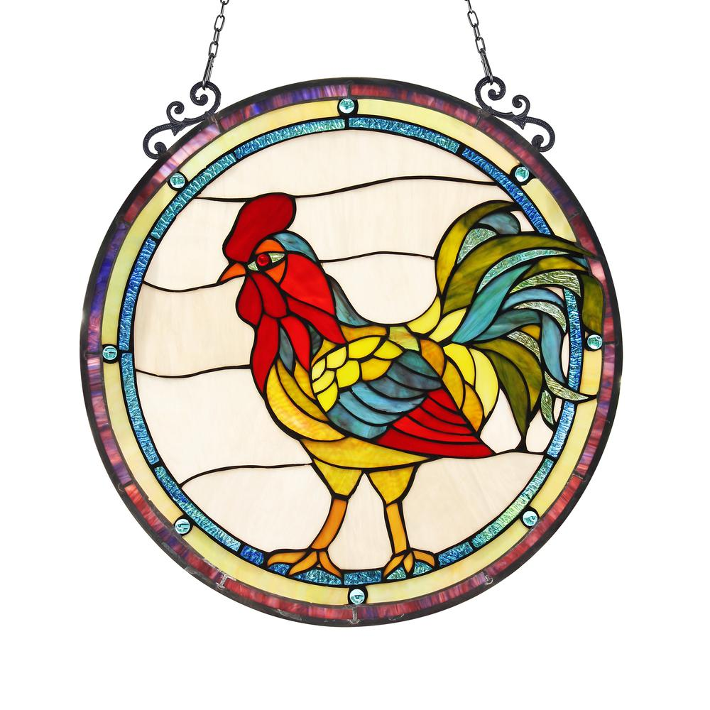 RODNEY Tiffany-glass Rooster Window Panel 24" - Handcrafted Stained Glass for a Charming Touch