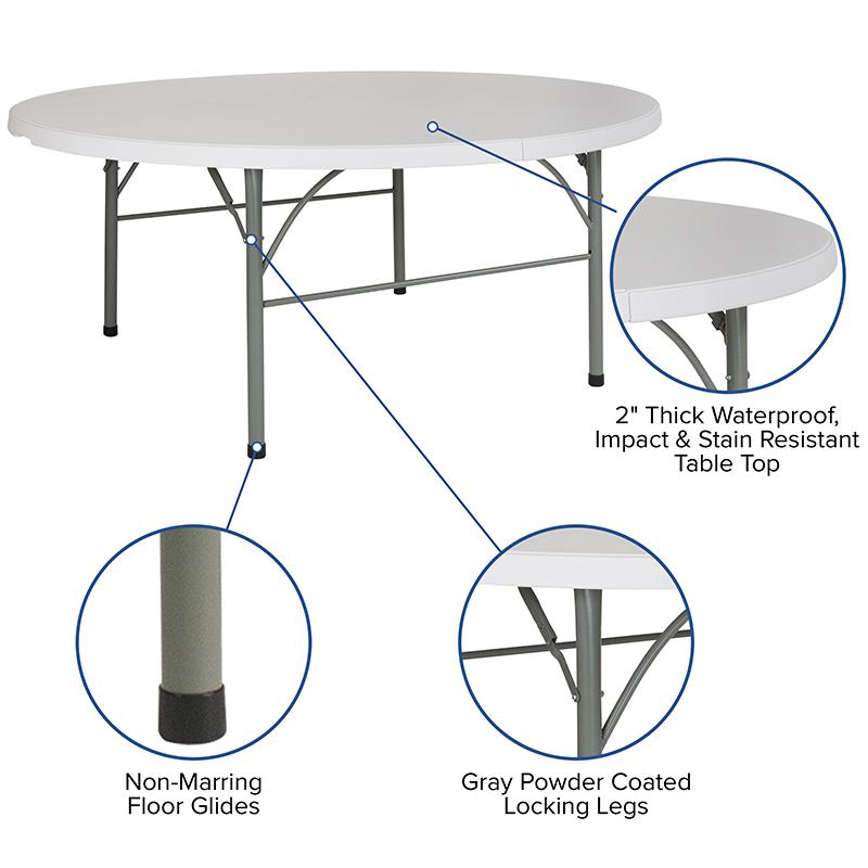 6-Foot Round Bi-Fold Granite White Plastic Banquet and Event Folding Table with Carrying Handle