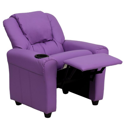 Contemporary Lavender Vinyl Kids Recliner with Cup Holder and Headrest - Comfort and Style for Your Little Ones