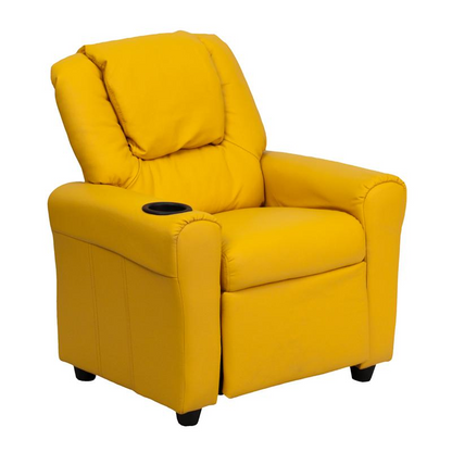 Contemporary Yellow Vinyl Kids Recliner with Cup Holder and Headrest - The Ultimate Comfort for Your Little Ones!