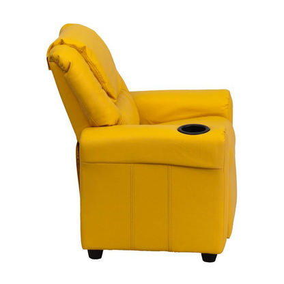 Contemporary Yellow Vinyl Kids Recliner with Cup Holder and Headrest - The Ultimate Comfort for Your Little Ones!