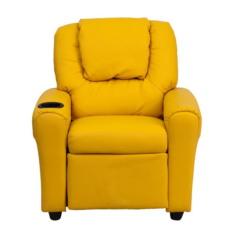 Contemporary Yellow Vinyl Kids Recliner with Cup Holder and Headrest - The Ultimate Comfort for Your Little Ones!