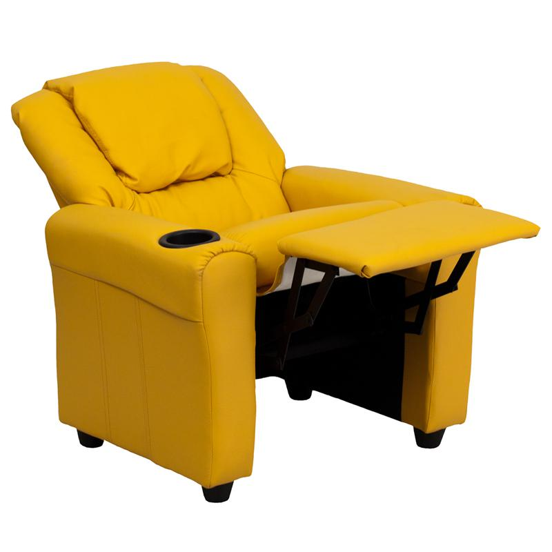 Contemporary Yellow Vinyl Kids Recliner with Cup Holder and Headrest - The Ultimate Comfort for Your Little Ones!