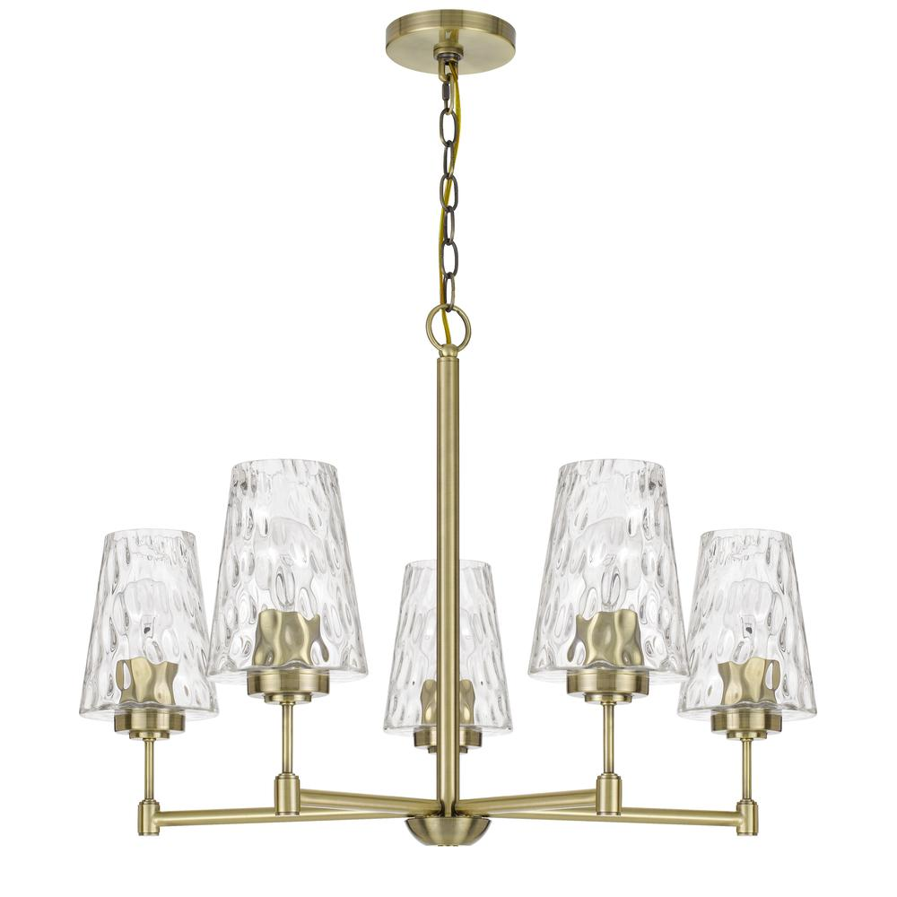 60W x 5 Crestwood Metal Chandelier with Textured Glass Shades, Antique Brass