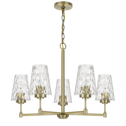 60W x 5 Crestwood Metal Chandelier with Textured Glass Shades, Antique Brass