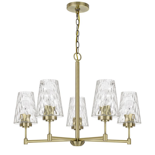 60W x 5 Crestwood Metal Chandelier with Textured Glass Shades, Antique Brass