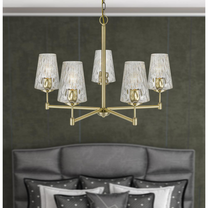 60W x 5 Crestwood Metal Chandelier with Textured Glass Shades, Antique Brass