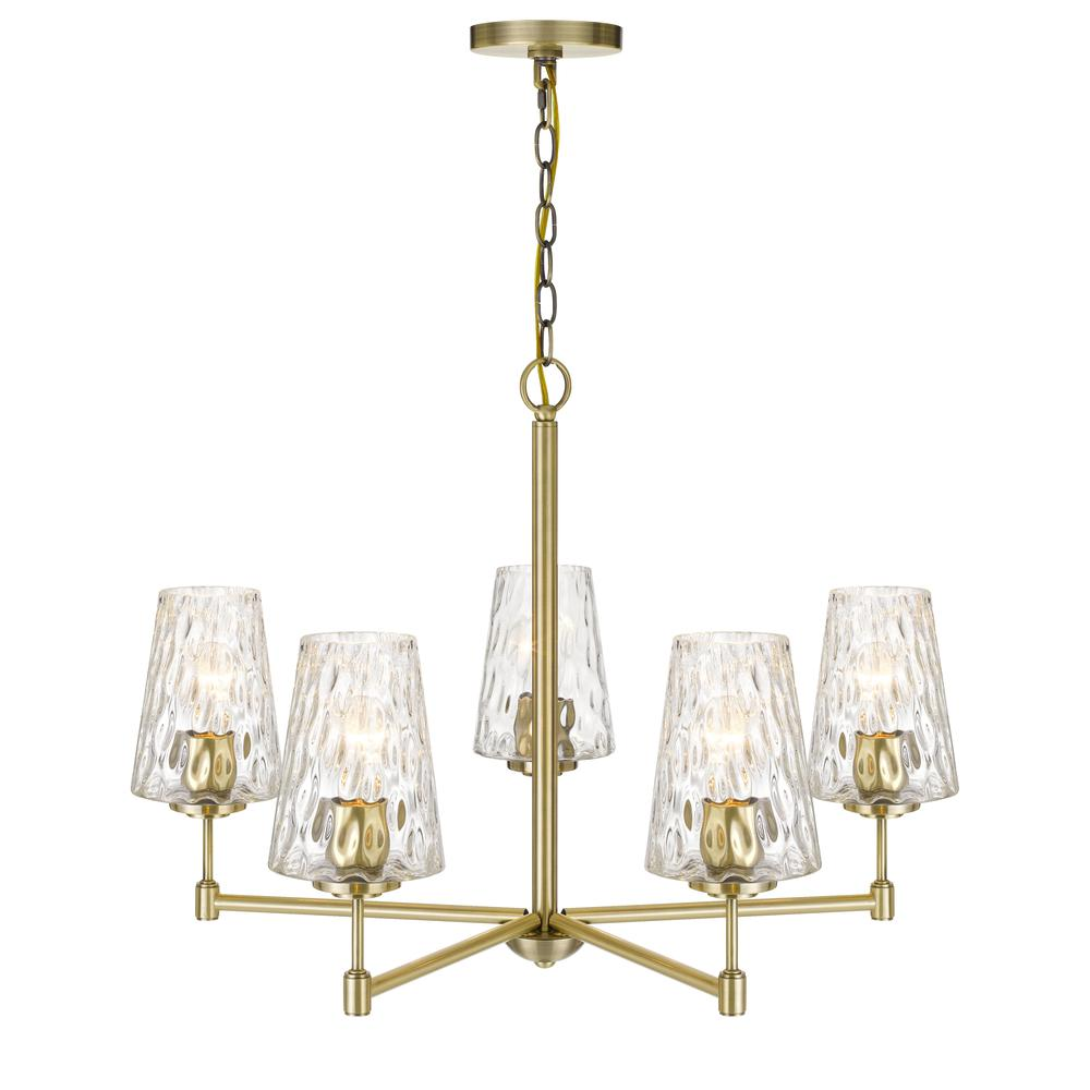 60W x 5 Crestwood Metal Chandelier with Textured Glass Shades, Antique Brass