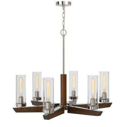 60W x 6 Ercolano Pine Wood/Metal Chandelier with Clear Glass Shade (Edison Bulbs NOT Included), Wood/Brushed Steel