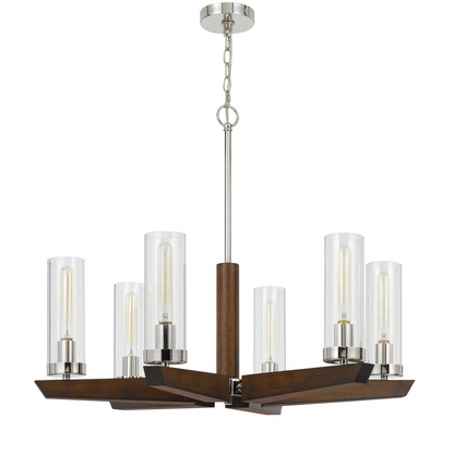 60W x 6 Ercolano Pine Wood/Metal Chandelier with Clear Glass Shade (Edison Bulbs NOT Included), Wood/Brushed Steel