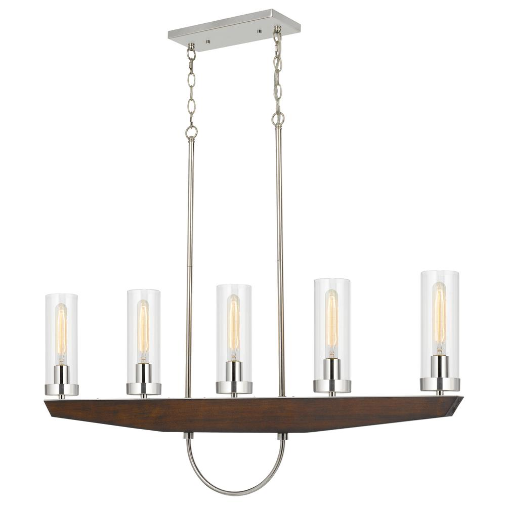 60W x 5 Ercolano Pine Wood/Metal Island Chandelier with Clear Glass Shade