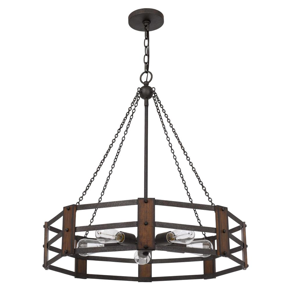 60W x 5 Provo Metal Chandelier - Industrial Rustic Style | Oak Wood & Iron Finish