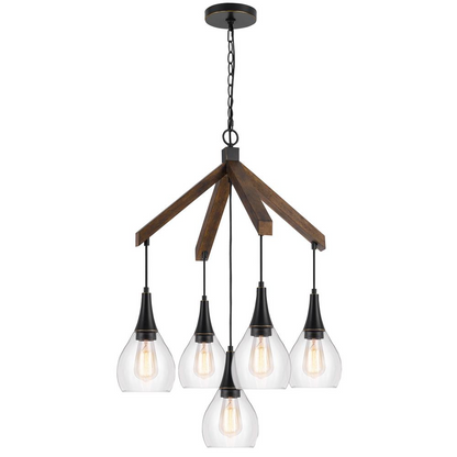 60W x 5 Watkins Rubber Wood Chandelier with Hanging Glass Shades