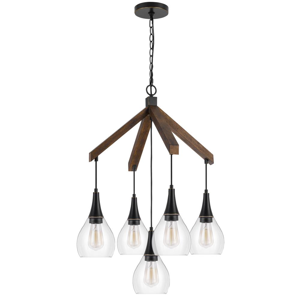 60W x 5 Watkins Rubber Wood Chandelier with Hanging Glass Shades