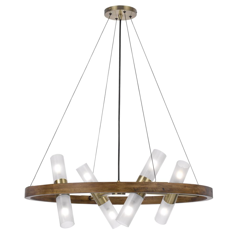 40W x 8 Hempstead Birch Wood Cylinder Chandelier with Adjustable Steel Cable and Glass Shades