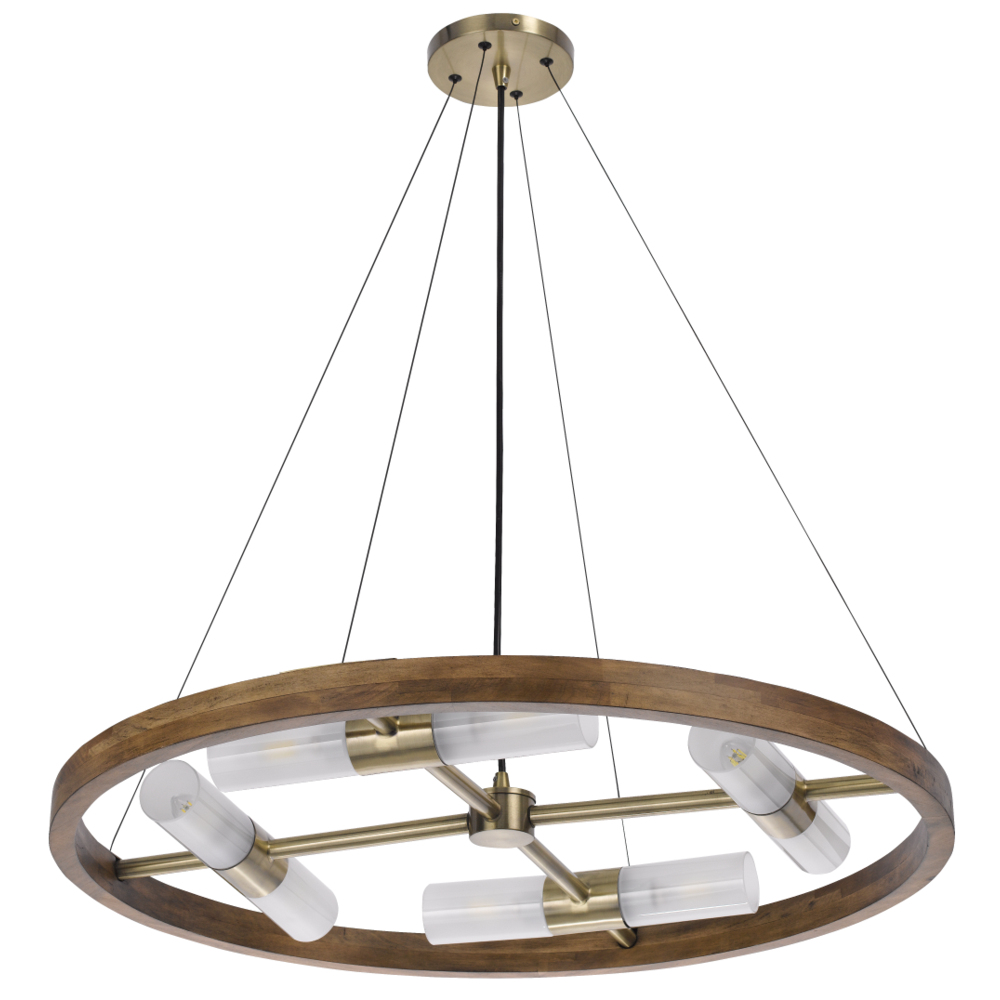 40W x 8 Hempstead Birch Wood Cylinder Chandelier with Adjustable Steel Cable and Glass Shades