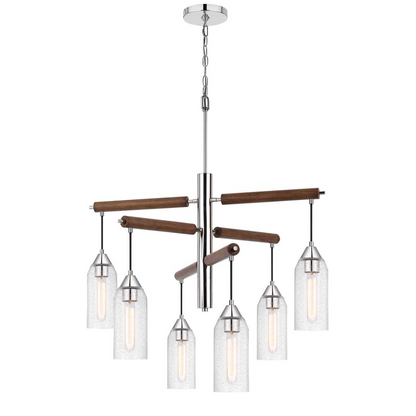 60W x 6 Massillon Rubber Wood Chandelier with Hanging Bulbbed Glass Shades