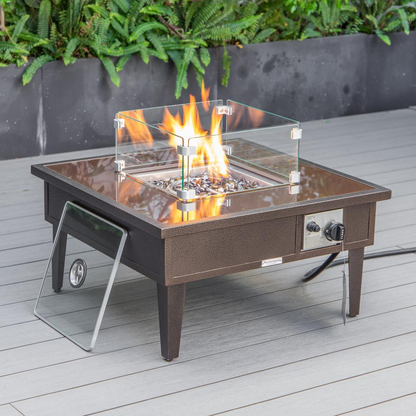 LeisureMod Walbrooke Modern Brown Patio Conversation Set with Square Fire Pit & Tank Holder, Grey