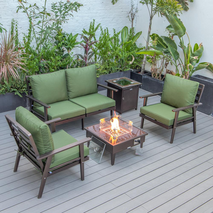 LeisureMod Walbrooke Modern Brown Patio Conversation Set with Square Fire Pit & Tank Holder, Green