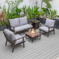 LeisureMod Walbrooke Modern Brown Patio Conversation Set with Fire Pit and Tank Holder